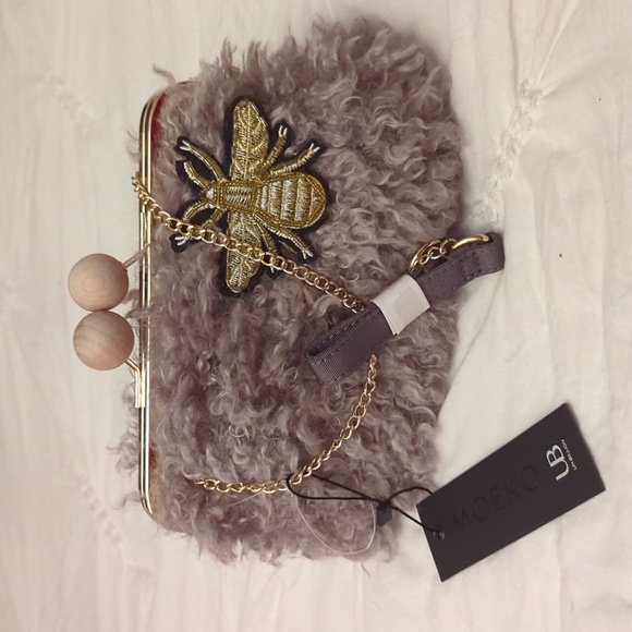 UnBillion Handbags - NWT UN Billion Gama Pouch Shaggy Fur Gray Clutch Handbag
